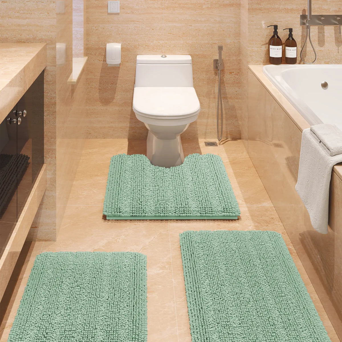 ACCUMTEK Striped Bathroom Rug Set Ultra Soft, Non Slip Chenille Toilet Mat, Absorbent Plush Shaggy Bath Mats for Bathroom, Bedroom, Kitchen
