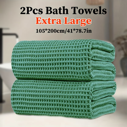 2pcs Extra Large Microfiber Waffle Weave Bath Towels, 105x200cm / 41x78.7in, 350GSM - Soft, Absorbent & Quick-Dry, Solid Color Options for Bathroom, Hotel, Gym & Spa Use, Hotel Bathroom Essentials, Contemporary Towel Design, Quickdry Fabric, Wash Cloths