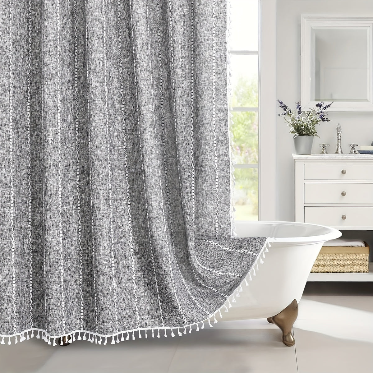 1pc Striped Polyester Shower Curtain, 72" x 72", Bohemian Style Vertical Stripe Texture with White Hooks Included