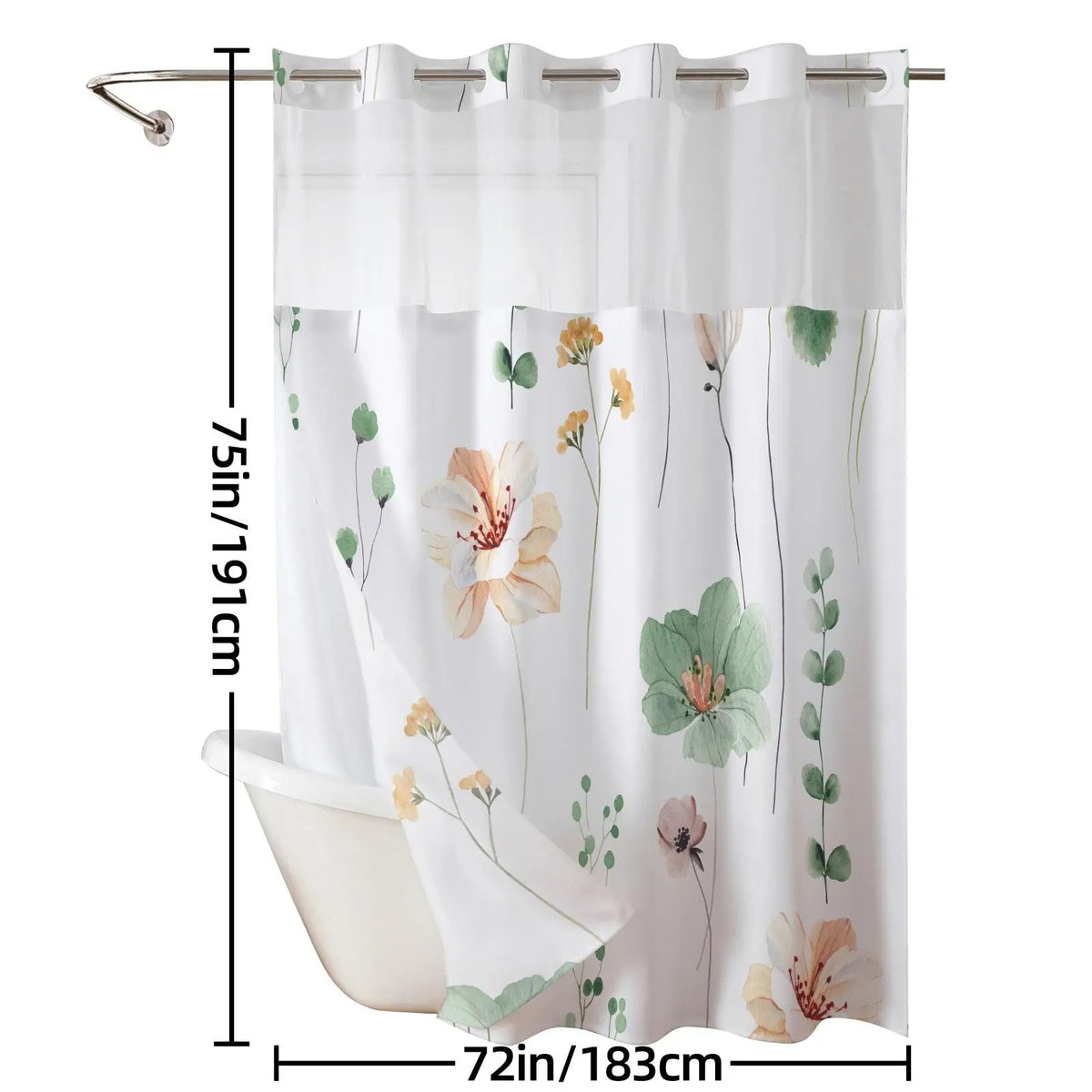 Ink and wash Floral double-layer shower curtain, no hooks, fresh country style home decoration, bathroom accessories, 72x75in