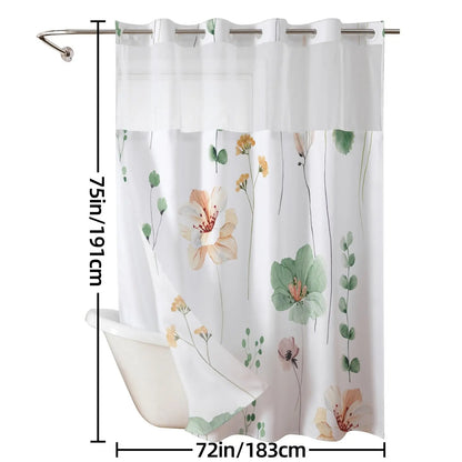Ink and wash Floral double-layer shower curtain, no hooks, fresh country style home decoration, bathroom accessories, 72x75in