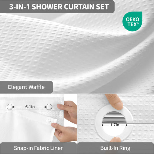 DYNAMENE Premium No-Hook Washable Waffle Weave Shower Curtain Set, Heavy-Duty Double Layer with Snap-In Detachable Waterproof Liner & Mesh Window, Contemporary Matte Finish Bathroom Accessory for Hotel-Inspired Bathroom Look
