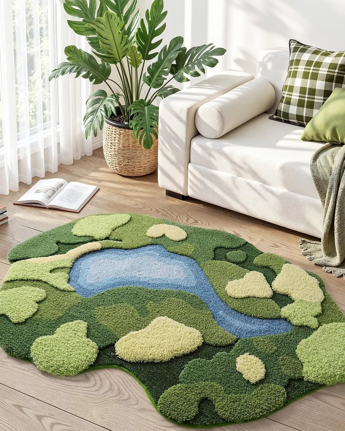 LUMI Moss Bath Mat Ultra Thick Soft Green Bathroom Rug 20x32 Daisy Pattern Non Slip Microfiber Absorbent for Shower Floor Sink Bedroom Home Decor
