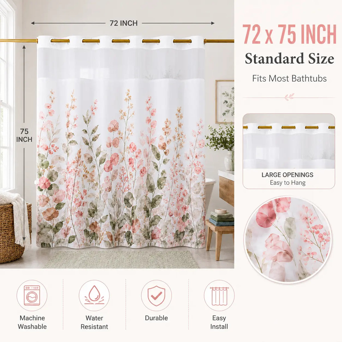 Hookless Shower Curtain with Snap-in Liner, Double Layer Floral Botanical Shower Curtain Set, Sheer Top Window, Waterproof & Washable Bathroom Curtain, 72 x 75 Inch
