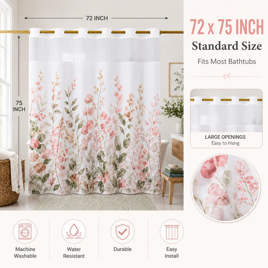 Hookless Shower Curtain with Snap-in Liner, Double Layer Floral Botanical Shower Curtain Set, Sheer Top Window, Waterproof & Washable Bathroom Curtain, 72 x 75 Inch