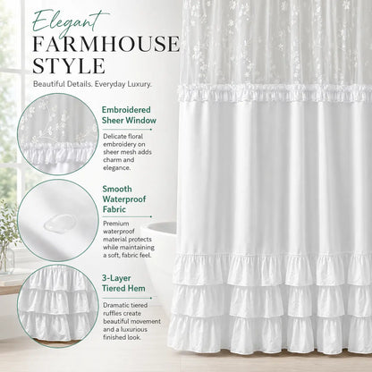 Elegant Hookless Ruffle Shower Curtain，Dual Removable Waterproof Layers with Embroidered Sheer Top, Snap-On Washable Bathroom Curtain 71*74inhch