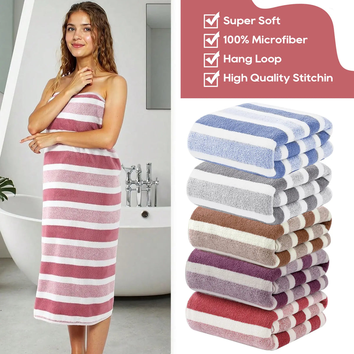 Striped Coral Fleece Bath Towel, Oversized 27.5*66.9 inches Ultra Soft Thickened Towels, Highly Absorbent Quick Dry Non-Shed with Hanging Loop,   Premium  Luxury Towels for Home Hotel Spa Bathroom Beach Premium
