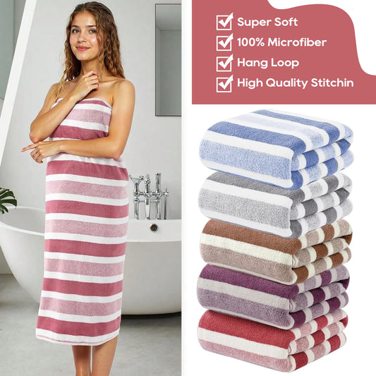 Striped Coral Fleece Bath Towel, Oversized 27.5*66.9 inches Ultra Soft Thickened Towels, Highly Absorbent Quick Dry Non-Shed with Hanging Loop,   Premium  Luxury Towels for Home Hotel Spa Bathroom Beach Premium
