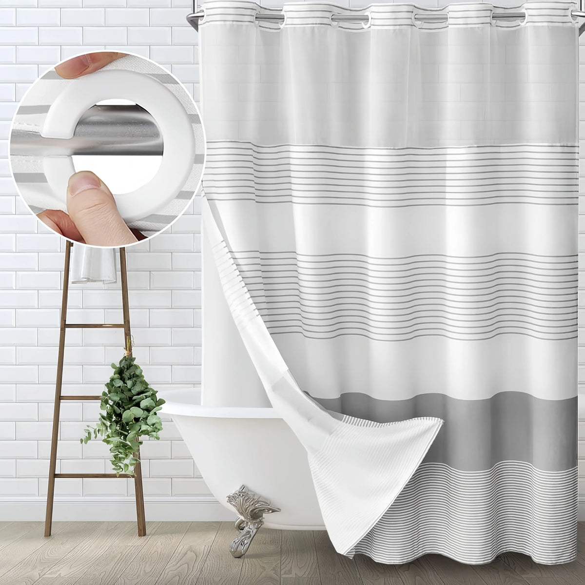 Striped Geometric Double-Layer No Hook Shower Curtain, Mesh Top Window, Hook-Free Design, Easy Installation, Farmhouse, Hotel, Modern Home Decoration, 72x75in