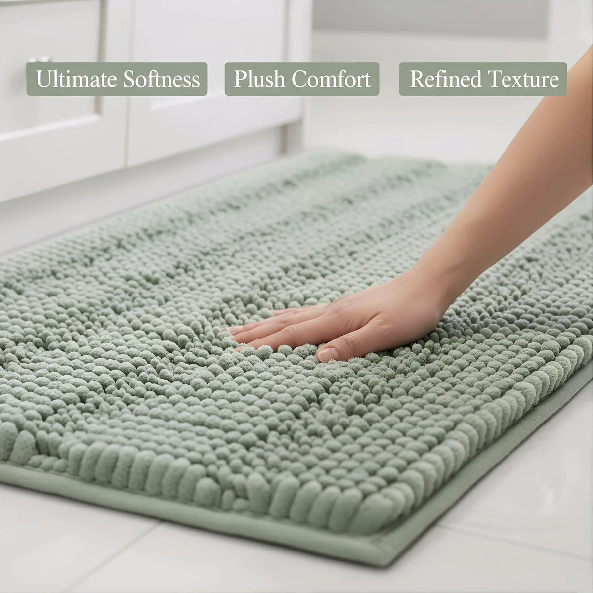 Minimal Aesthetic Striped Chenille Bathroom Rug Set - Sage Rectangle, Anti-Slip Border, Plush Extra Thick, Modern Highly Absorbent Fuzzy Bath Mats for Tub, Nonslip Home Bathroom Supplies