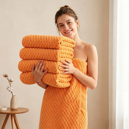 5pcs Coral Fleece Bath Towel Set, 4 Soft Absorbent Bath Towels 27" X 55" with Hair Drying Cap, Quick Dry Plush Towels with Hanging Loop for Bathroom, Shower, Home