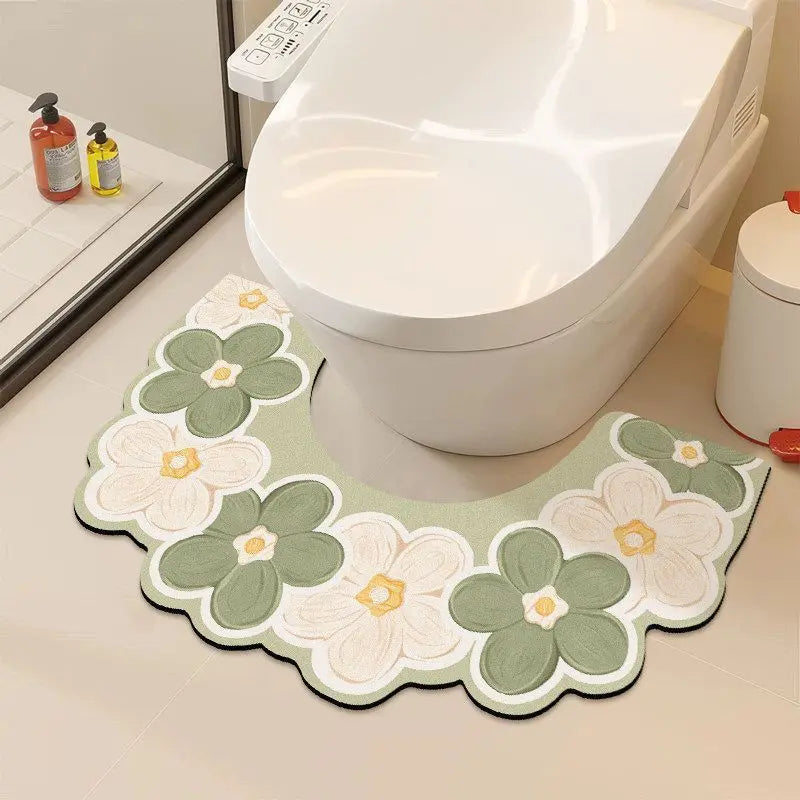 Floral U Shaped Toilet Mat, Diatomaceous Earth Bath Mat for Bathroom, Quick Dry Absorbent Floor Rug with Non Slip Backing, Decorative Toilet Floor Mat