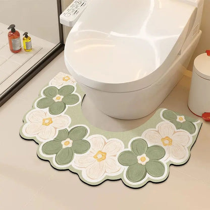 Floral U Shaped Toilet Mat, Diatomaceous Earth Bath Mat for Bathroom, Quick Dry Absorbent Floor Rug with Non Slip Backing, Decorative Toilet Floor Mat