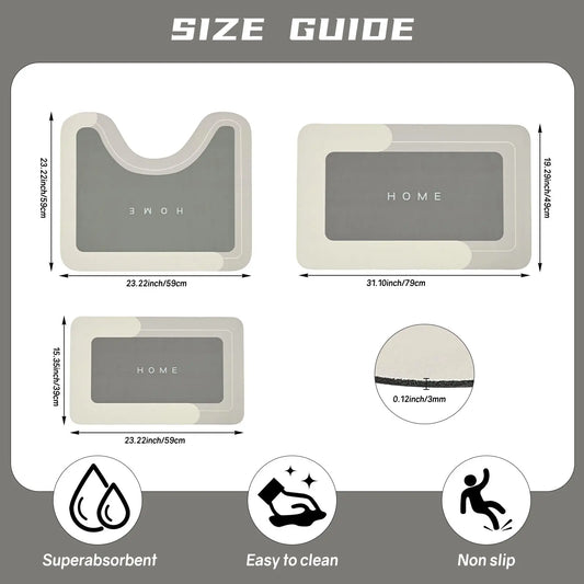 Set of 3 Absorbent Bath Mat Magic Rug Sets（0.12inch Thickness）, Quick Drying Bath Mat Non-Slip Floor Rug Rubber Backed for Bathroom Kitchen Shower Sink (23.22''x23.22''+19.29''x31.10''+15.35''x23.22'')Tapete de baño antideslizante