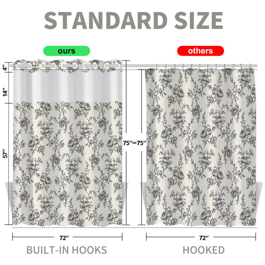 Peony Print Linen Shower Curtain, Sheer Splice Linen Fabric, Waterproof Double Layer Mildew Resistant No Drill Bath Curtain for Home & Homestay 72''*75''inch