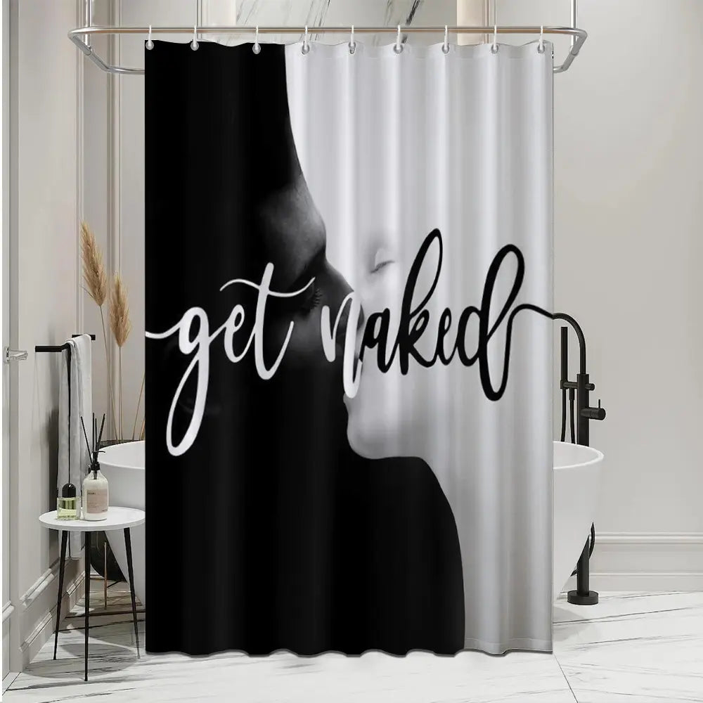 4pcs Leopard Print "Get Naked" Shower Curtain Set, Black Background Sassy Quote,  The floor mat fabric is thicker and softer! Bold Trendy Bathroom Decor And Accessories, Curtain & Rugs Combo, Perfect for Festive Glam Vibe
