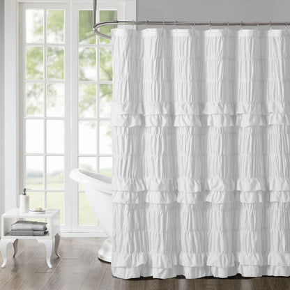 Ruffled Smocked Shower Curtain 72x72 Inch Farmhouse Shabby Chic Bathroom Decor Waterproof Fabric with Tiered Ruffles and Elastic Stretch