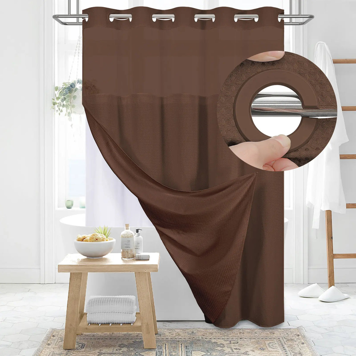 DYNAMENE Premium No-Hook Washable Waffle Weave Shower Curtain Set, Heavy-Duty Double Layer with Snap-In Detachable Waterproof Liner & Mesh Window, Contemporary Matte Finish Bathroom Accessory for Hotel-Inspired Bathroom Look