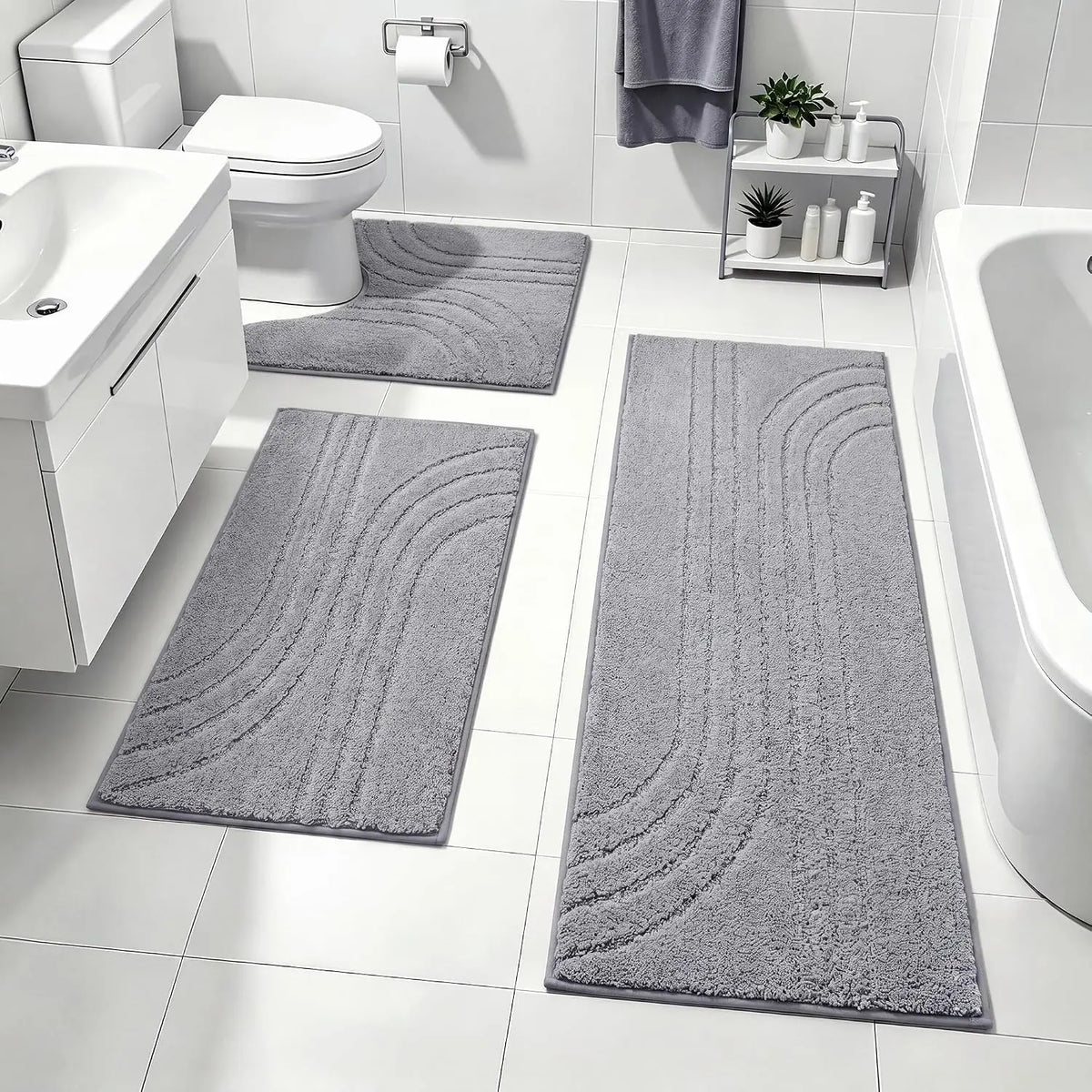 Bathroom Rug Set 3 count,Ultra Absorbent Quick Dry Bathroom Mats | Microfiber Bath Mat Shower Rug Runner Non Slip,Super Soft U Shaped Toilet Mats Floor Carpet,Grey