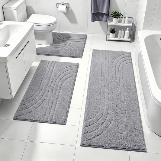 Bathroom Rug Set 3 count,Ultra Absorbent Quick Dry Bathroom Mats | Microfiber Bath Mat Shower Rug Runner Non Slip,Super Soft U Shaped Toilet Mats Floor Carpet,Grey