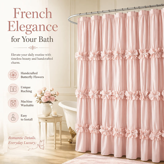 Handcrafted Vintage Ruffle Shower Curtain with Bow Tie - Quick-Dry Machine Washable Bath Curtain Suitable for Master Bathroom, Elegant Bow Tie Top & Hooks Included, Year-Round Decor for Home Bathrooms (No Revisions)