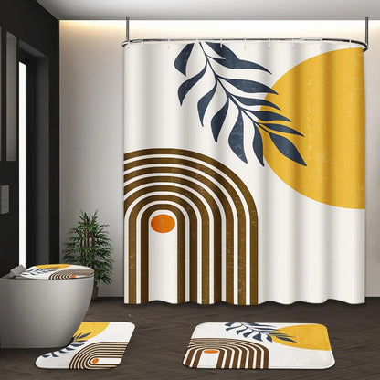 Boho Mid Century Shower Curtain Set with Toilet Lid Cover and Non-Slip Rugs, Abstract Geometric Modern Minimalist Shower Curtain for Bathroom Set with 12 Hooks