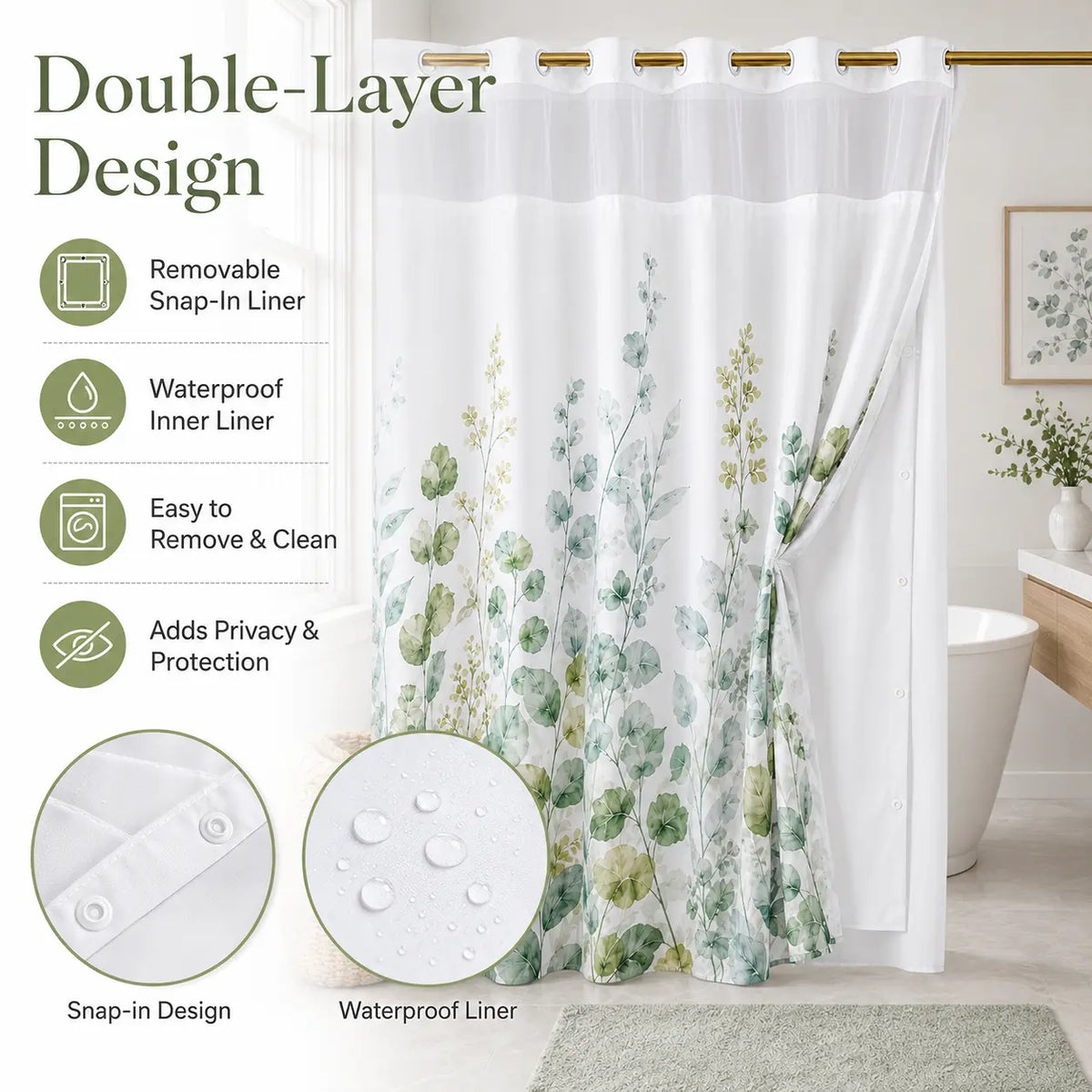Hookless Shower Curtain with Snap-in Liner, Double Layer Floral Botanical Shower Curtain Set, Sheer Top Window, Waterproof & Washable Bathroom Curtain, 72 x 75 Inch