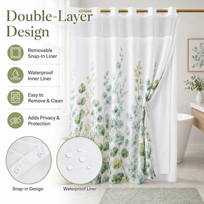 Hookless Shower Curtain with Snap-in Liner, Double Layer Floral Botanical Shower Curtain Set, Sheer Top Window, Waterproof & Washable Bathroom Curtain, 72 x 75 Inch