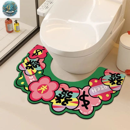 Floral U Shaped Toilet Mat, Diatomaceous Earth Bath Mat for Bathroom, Quick Dry Absorbent Floor Rug with Non Slip Backing, Decorative Toilet Floor Mat