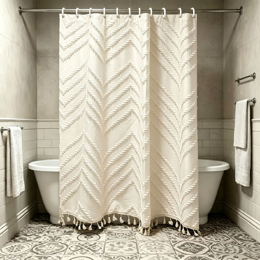 1pc Tassel Shower Curtain Bohemian Style Jacquard Fabric, Bathroom Partition Curtain, with 12pcs Hooks, Home Decor