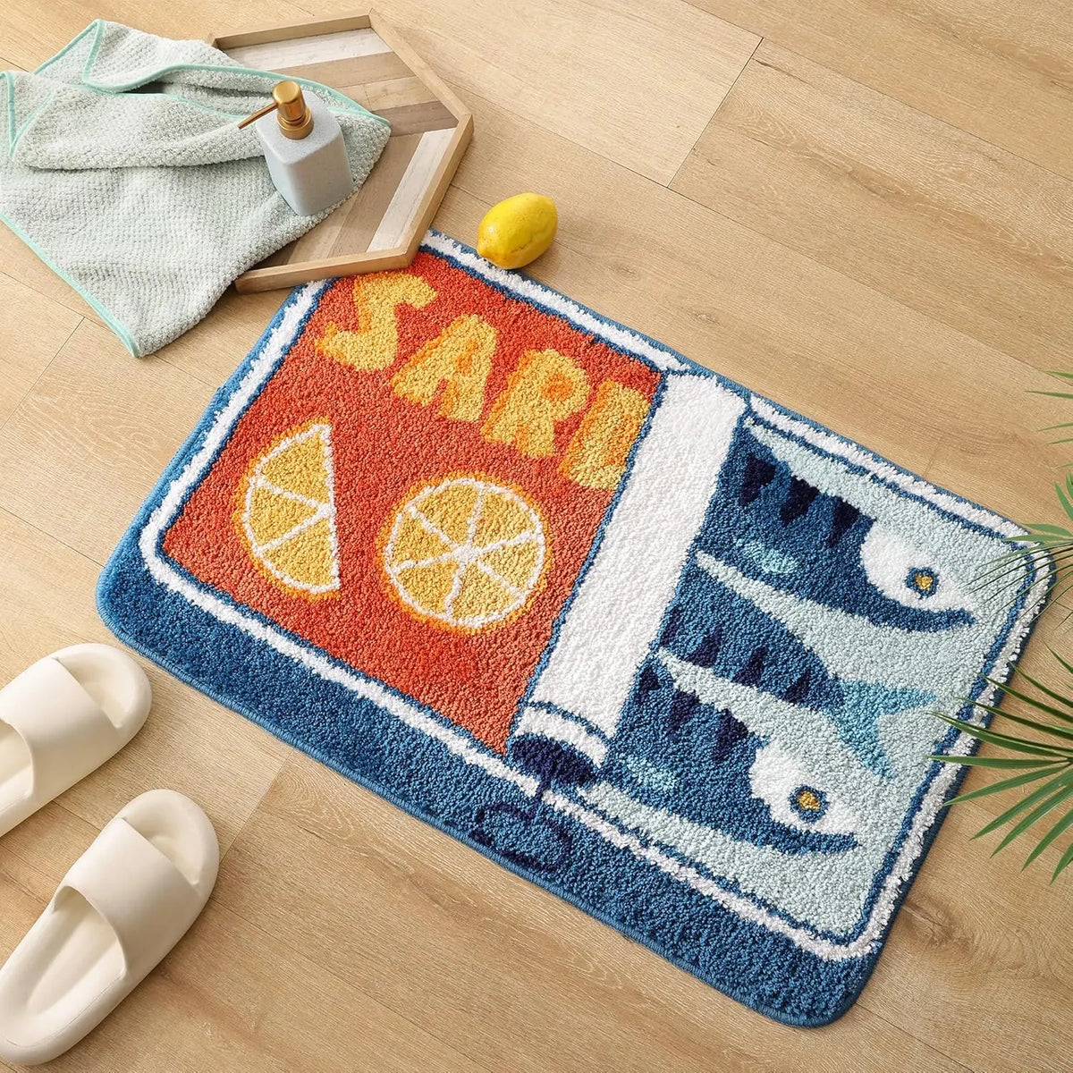 Oval Shape Decorative Bath Mat - Blue Synthetic Modern, Absorbent Soft, Non-Slip Rubber Backed Bathroom Mat, Machine Washable Cartoon Fish & Lemon Design Home Bathroom Supply