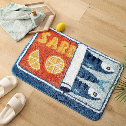 Oval Shape Decorative Bath Mat - Blue Synthetic Modern, Absorbent Soft, Non-Slip Rubber Backed Bathroom Mat, Machine Washable Cartoon Fish & Lemon Design Home Bathroom Supply
